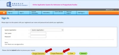 Please click “Forgot Username” or “Forgot Password” respectively at the Online Application System to reset it (see Screen below).  [Click to Enlarge]